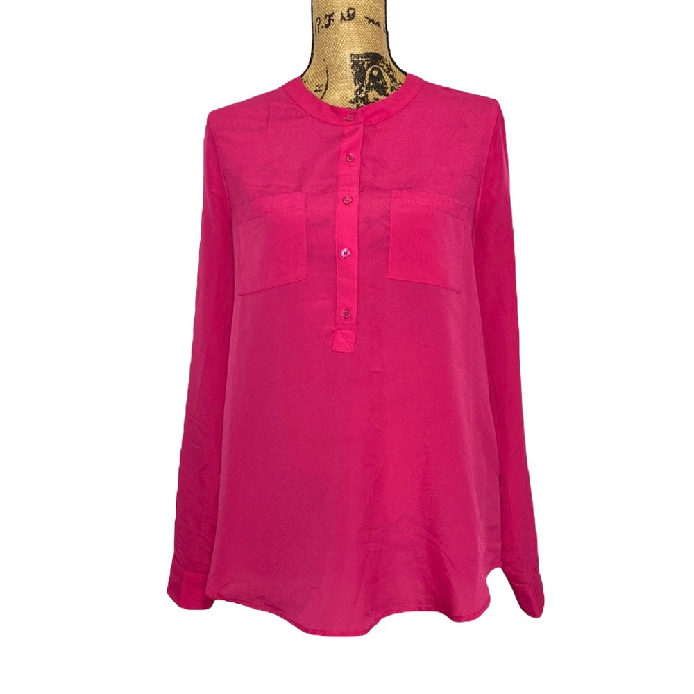 Pink Sheer Half Button Long Sleeve Pocket Blouse M